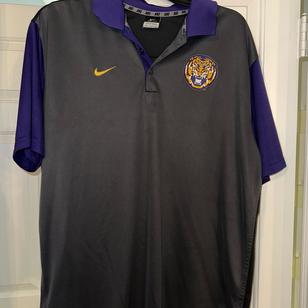 LSU Tigers Nike Dri- Fit Men's Gray and Purple Polo with stitched Tiger and Nike